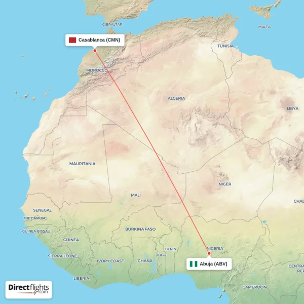 Casablanca - Abuja direct flight map