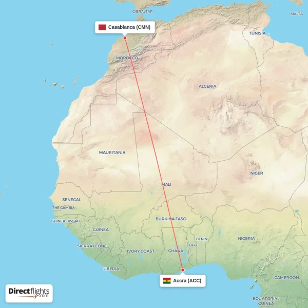 Casablanca - Accra direct flight map