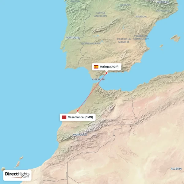 Casablanca - Malaga direct flight map
