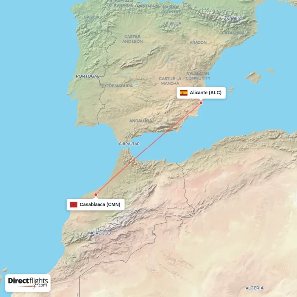 Casablanca - Alicante direct flight map