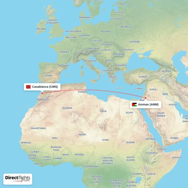 Casablanca - Amman direct flight map