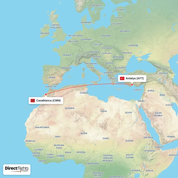 Casablanca - Antalya direct flight map