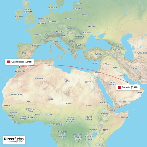 Casablanca - Bahrain direct flight map