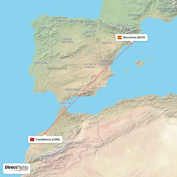 Casablanca - Barcelona direct flight map