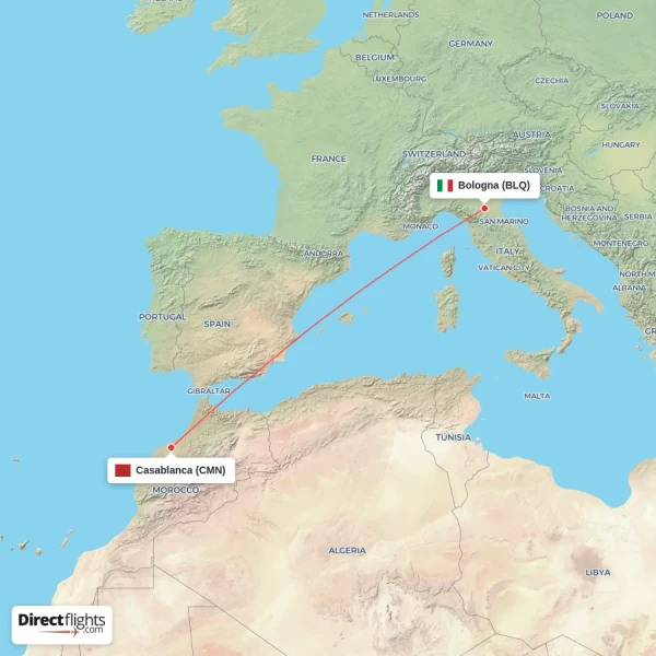 Casablanca - Bologna direct flight map