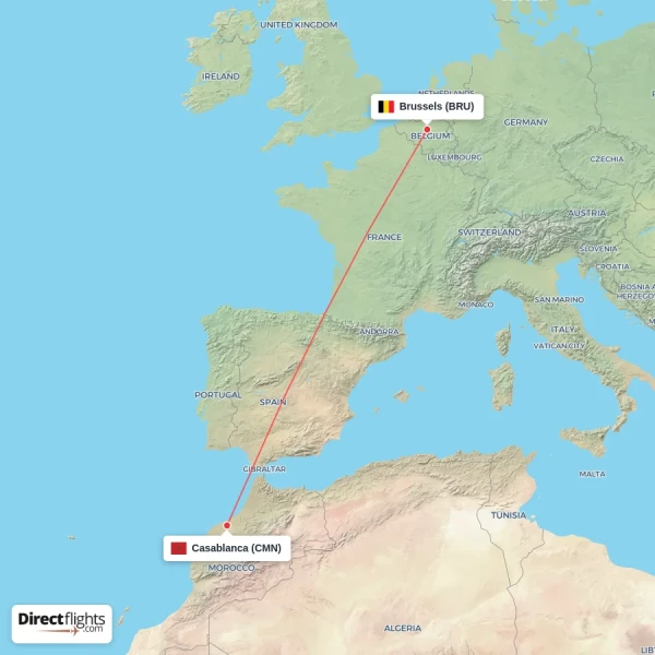 Casablanca - Brussels direct flight map