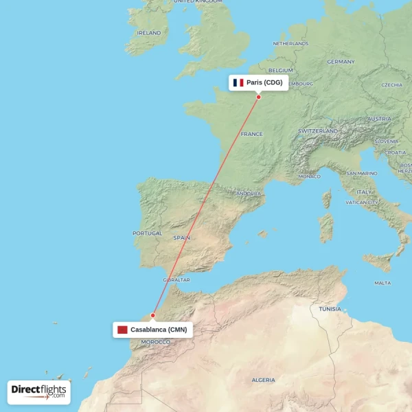 Casablanca - Paris direct flight map