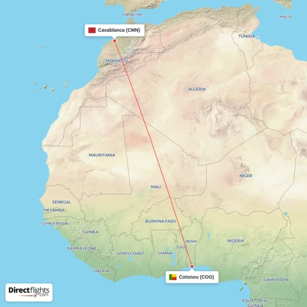 Casablanca - Cotonou direct flight map