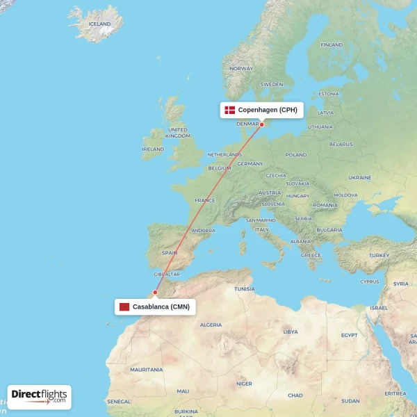 Casablanca - Copenhagen direct flight map