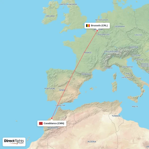 Casablanca - Brussels direct flight map