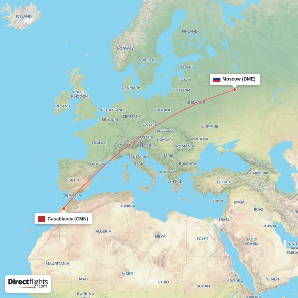 Casablanca - Moscow direct flight map