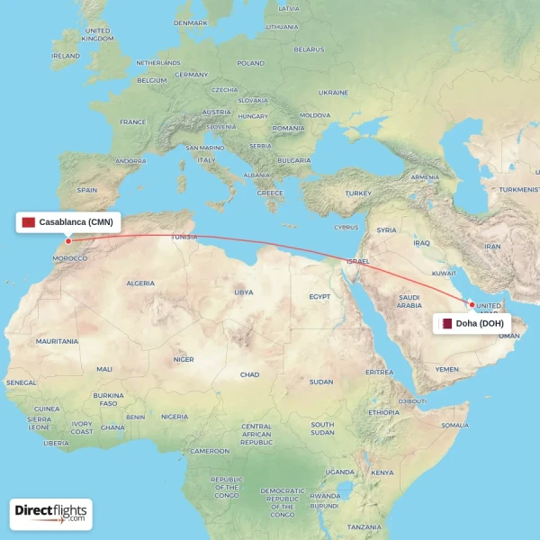 Casablanca - Doha direct flight map