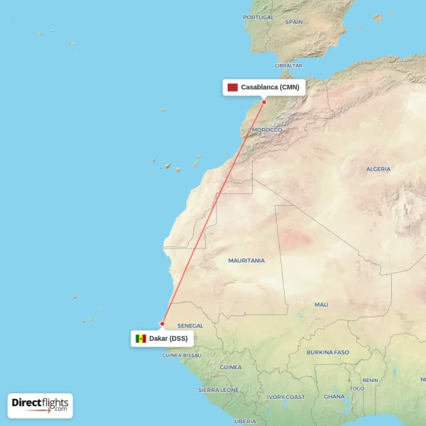 Casablanca - Dakar direct flight map