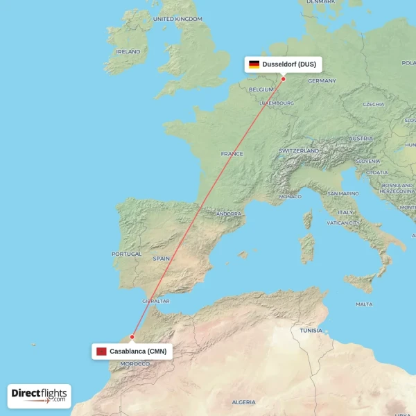 Casablanca - Dusseldorf direct flight map
