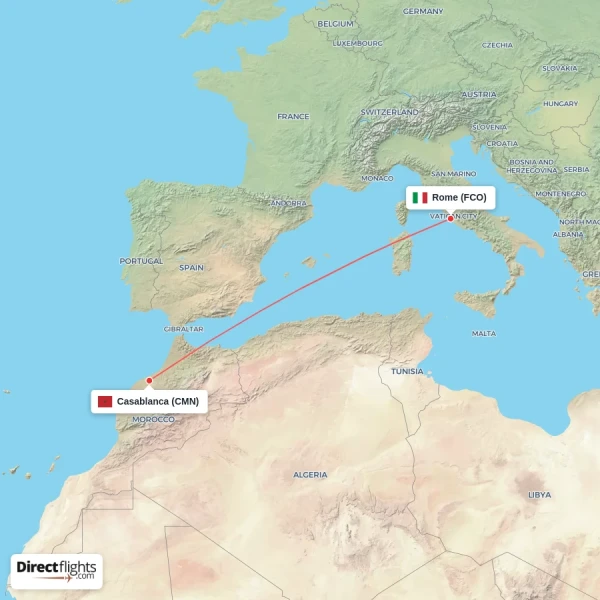 Casablanca - Rome direct flight map