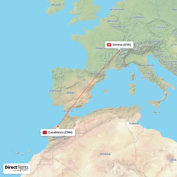 Casablanca - Geneva direct flight map