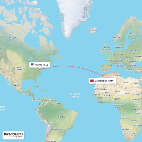 Casablanca - Dulles direct flight map