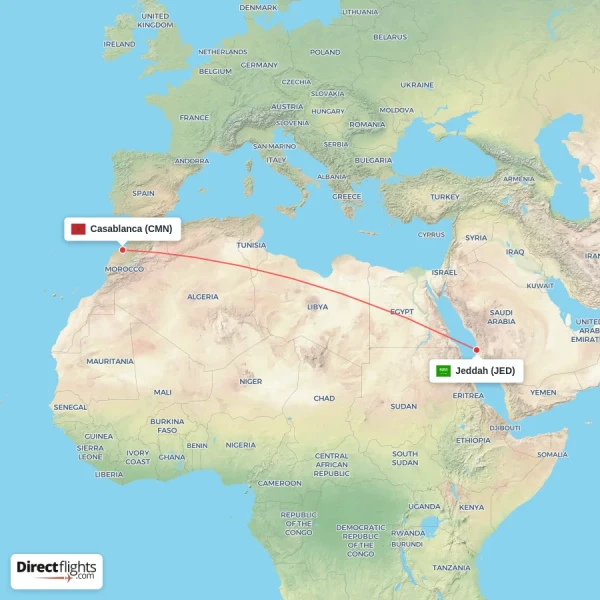 Casablanca - Jeddah direct flight map