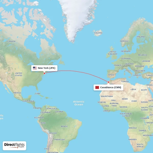 Casablanca - New York direct flight map