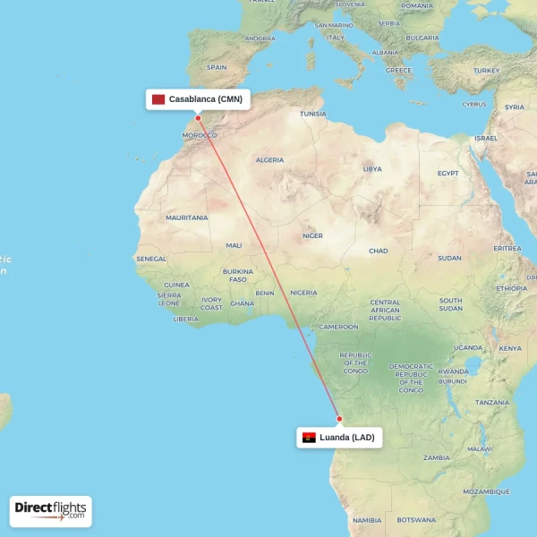 Casablanca - Luanda direct flight map