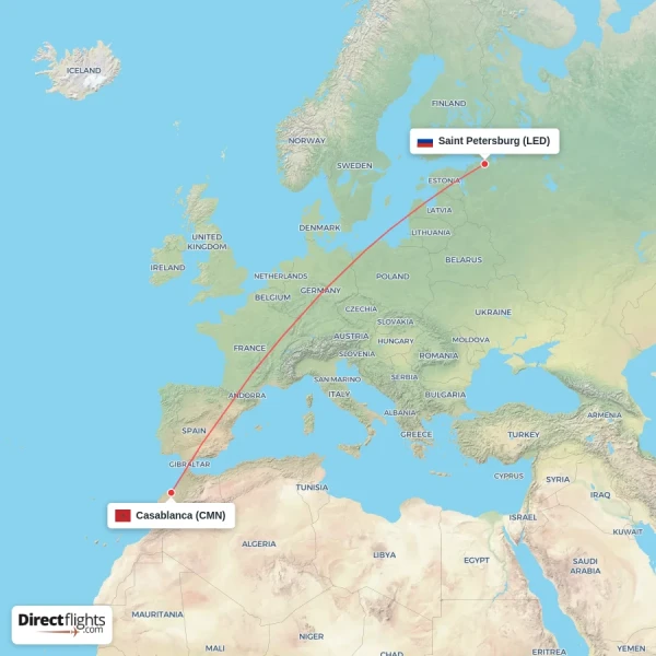 Casablanca - Saint Petersburg direct flight map