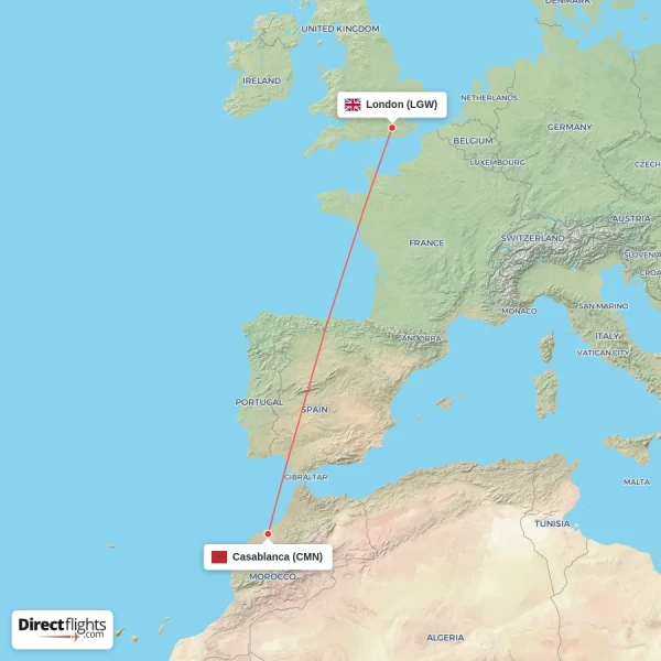Casablanca - London direct flight map
