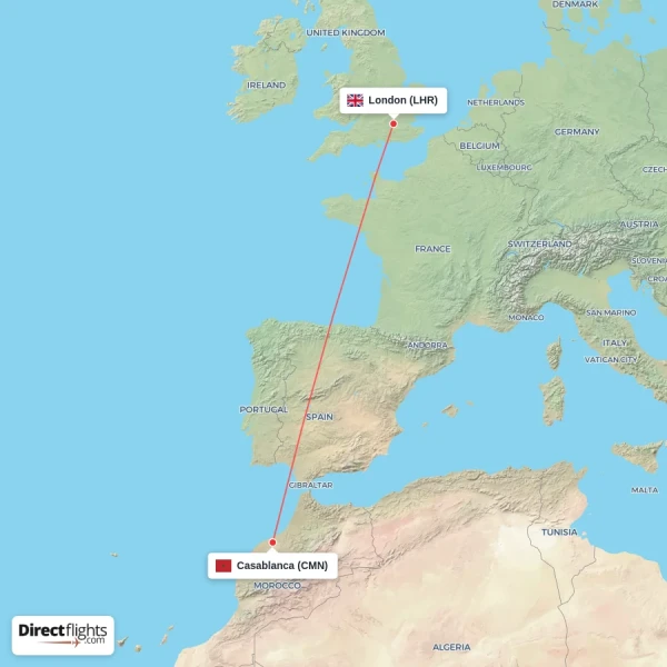 Casablanca - London direct flight map