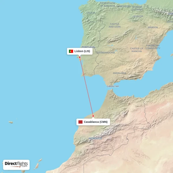 Casablanca - Lisbon direct flight map