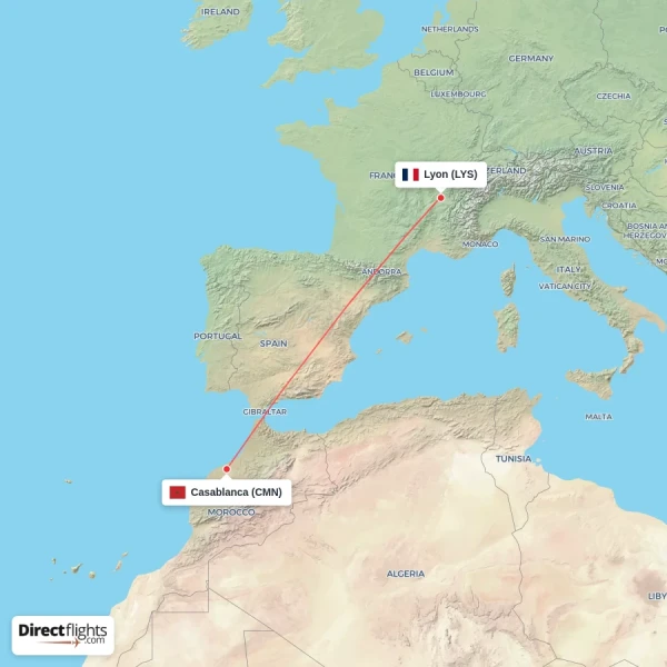 Casablanca - Lyon direct flight map