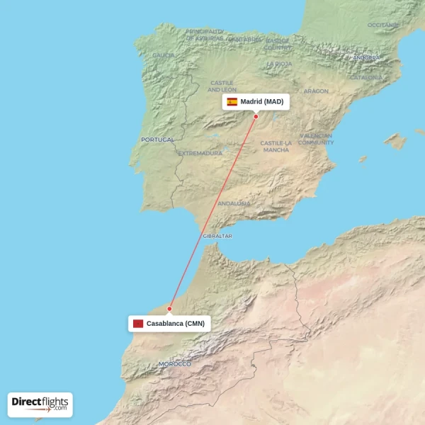 Casablanca - Madrid direct flight map