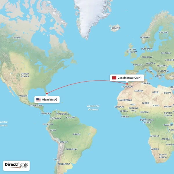 Casablanca - Miami direct flight map
