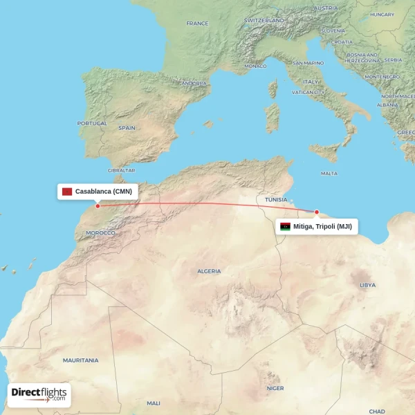 Casablanca - Mitiga, Tripoli direct flight map