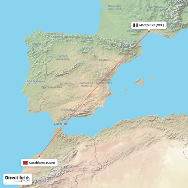 Casablanca - Montpellier direct flight map