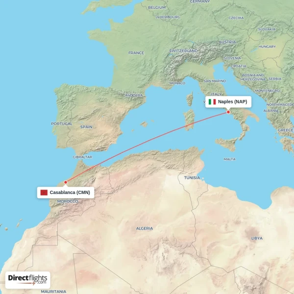 Casablanca - Naples direct flight map