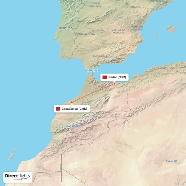 Casablanca - Nador direct flight map
