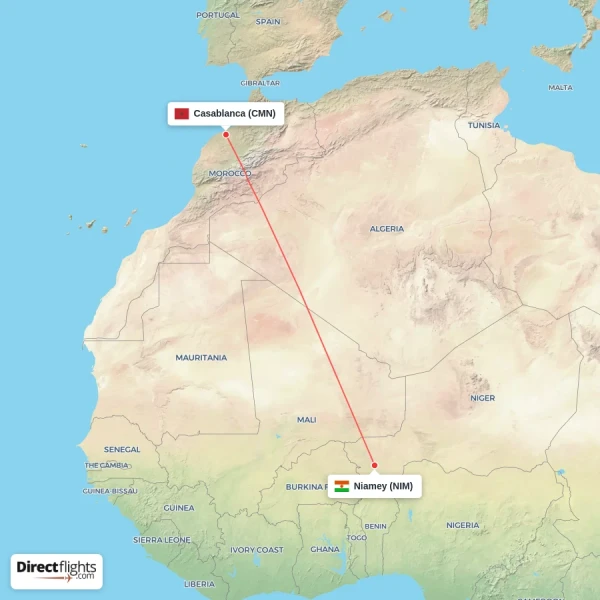 Casablanca - Niamey direct flight map