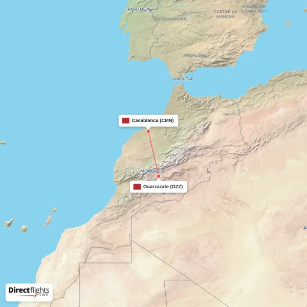 Casablanca - Ouarzazate direct flight map