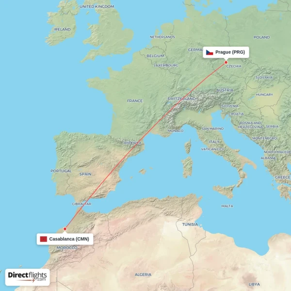 Casablanca - Prague direct flight map