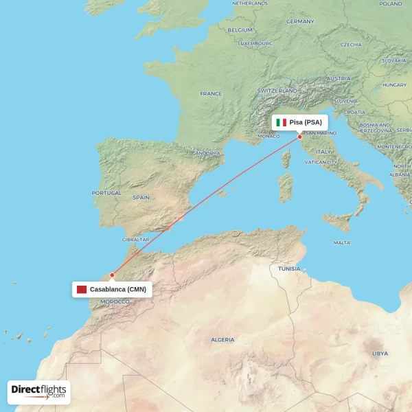 Casablanca - Pisa direct flight map