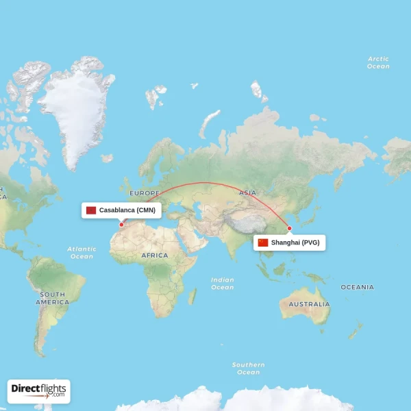 Casablanca - Shanghai direct flight map