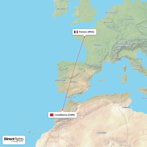 Casablanca - Rennes direct flight map
