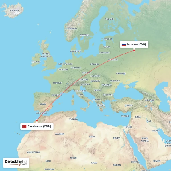 Casablanca - Moscow direct flight map
