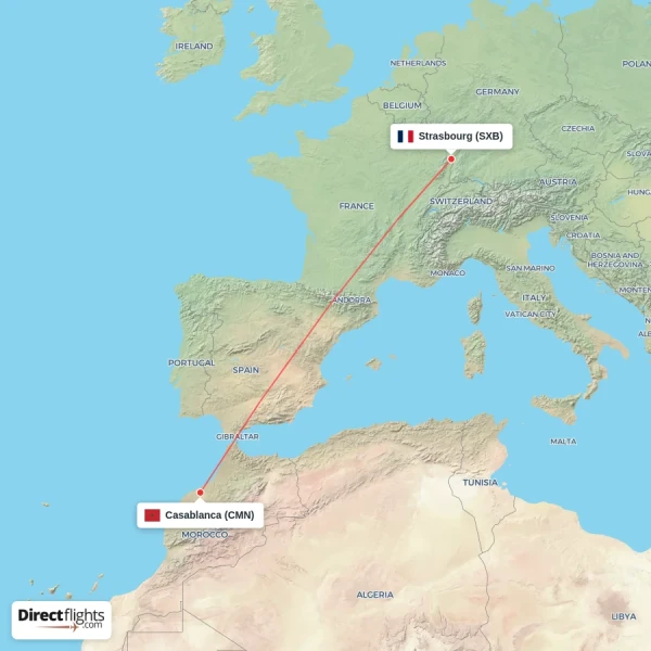 Casablanca - Strasbourg direct flight map