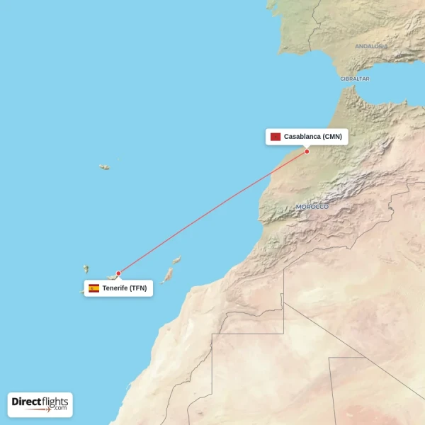 Casablanca - Tenerife direct flight map