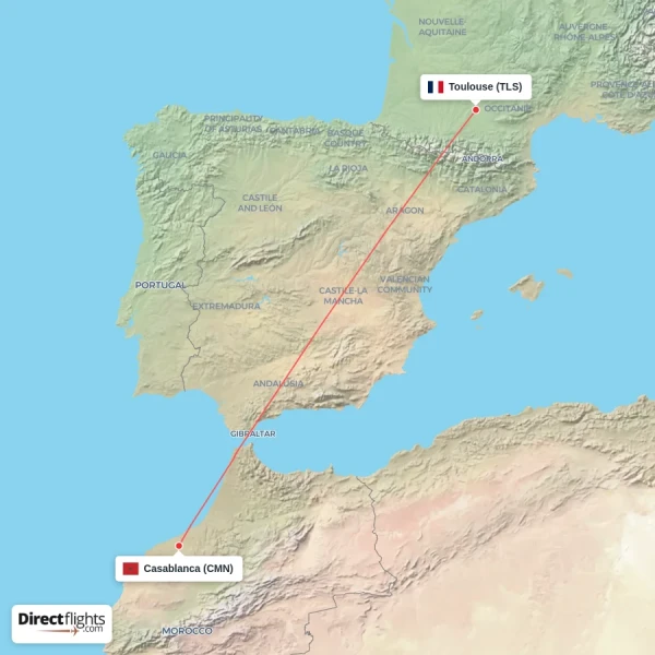 Casablanca - Toulouse direct flight map