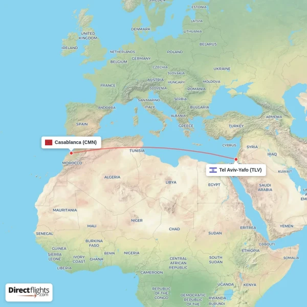 Casablanca - Tel Aviv-Yafo direct flight map