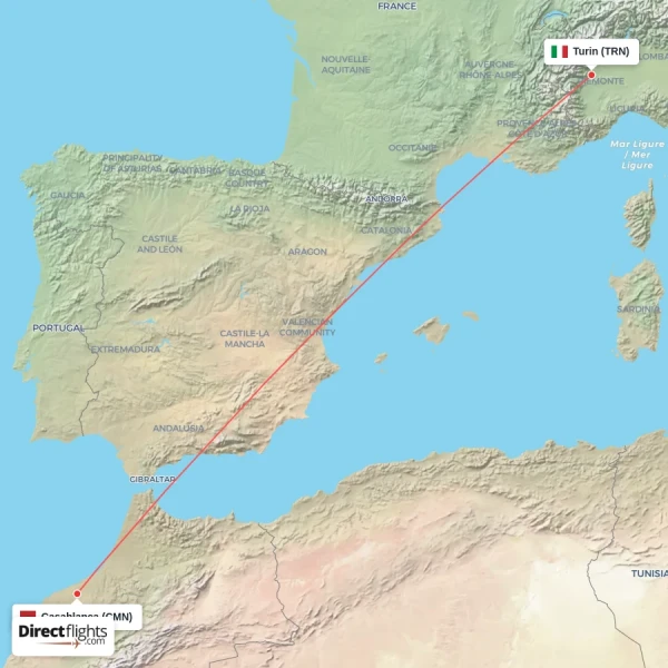 Casablanca - Turin direct flight map