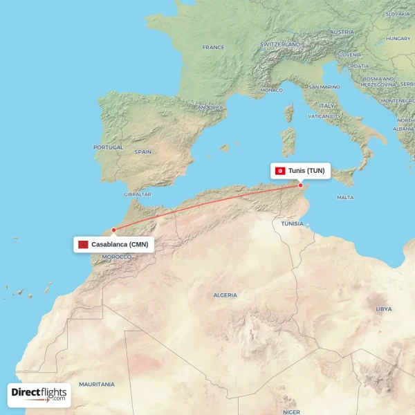 Casablanca - Tunis direct flight map