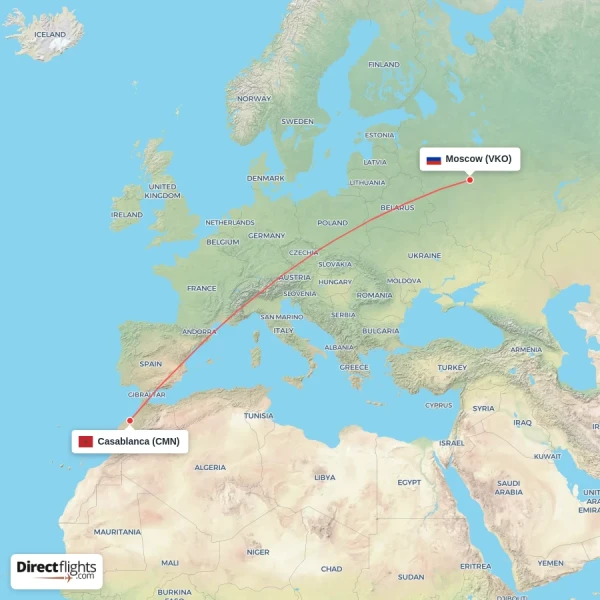 Casablanca - Moscow direct flight map