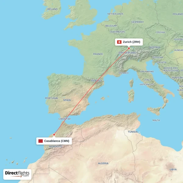 Casablanca - Zurich direct flight map